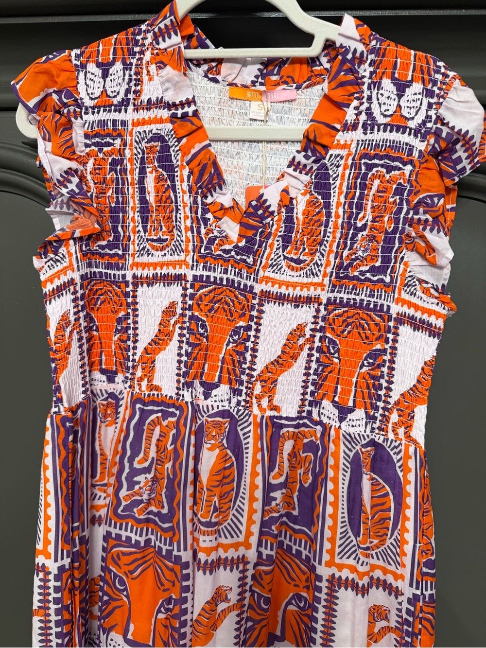 Tiger Game Day Maxi Dress | Orange & Purple Smocked V Neck with Pockets - Picture 6 of 9